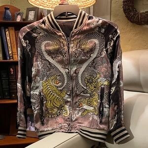 Embroidered Dragon & Tiger Satin Bomber Jacket - Pink/Brown